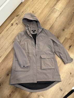 DKNY Women's Water Resistant Hooded Long Line Parka Jacket in Greige